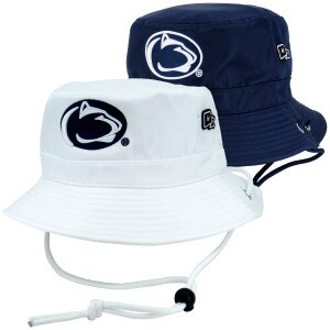 white and navy Hype and Vice waterproof bucket hats with Penn State Athletic Logo